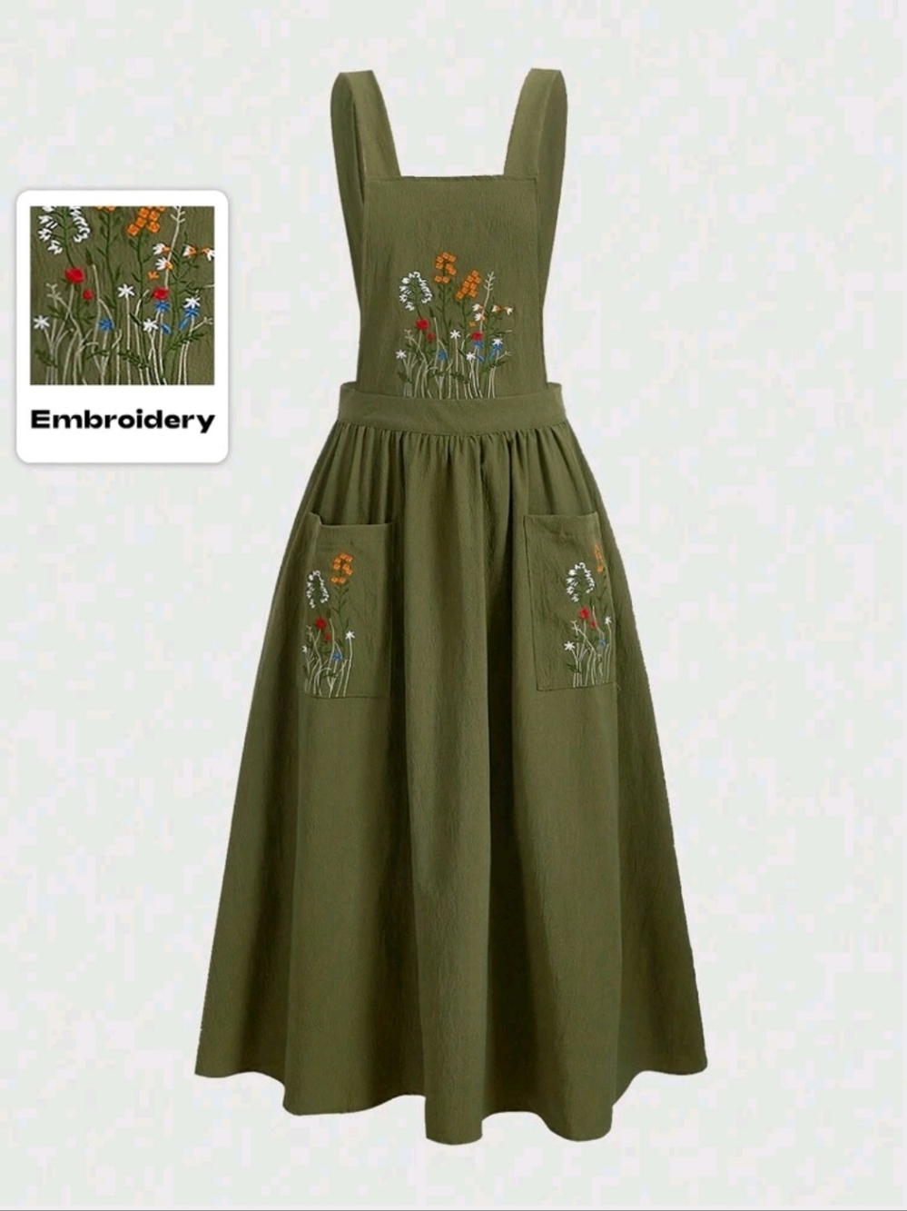 ROMWE Olive Green Embroidered Midi Dress